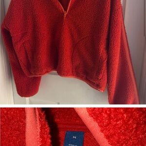Red Teddy Jacket Plush Material Half-Zip Design